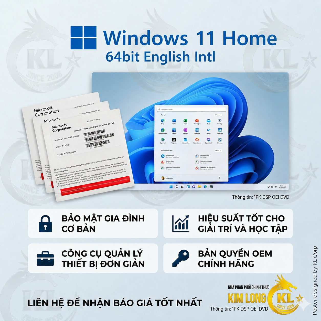 Phần Mềm Microsoft Windows 11 Home 64bit English Intl 1pk DSP OEI DVD 